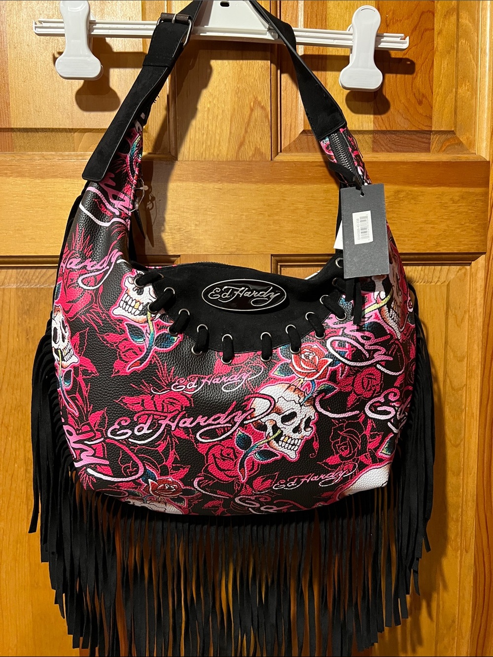 Ed Hardy Black and Pink Floral Skull Fringe Shoulder Bag